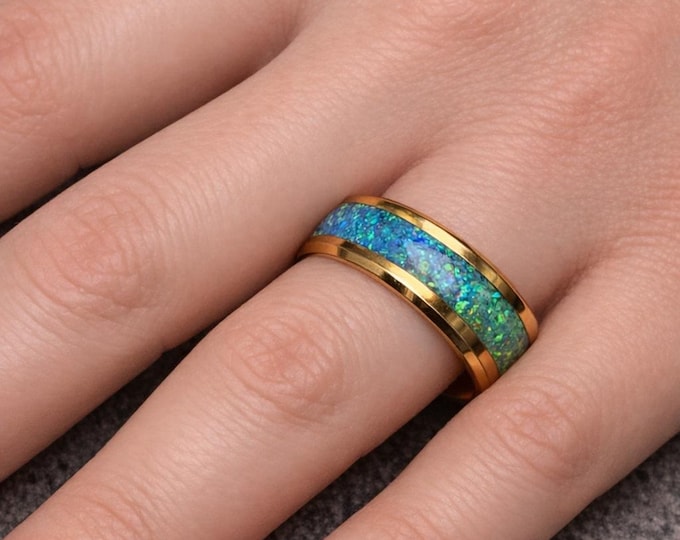 Two Tone Opal Gold Tungsten Ring Blue Pacific & Light Green Opal Ring - Unique Wedding Band or Great Gift Idea