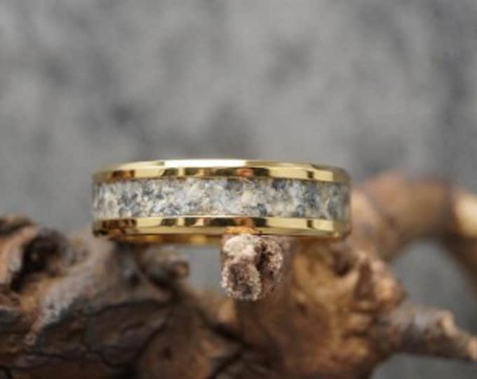 Dalmatian Jasper Inlay Gold Tungsten Carbide Wedding Band - Available 4mm, 6mm or 8mm wide