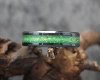 Personalised Black Ceramic Memorial Ring including Ashes or Hair Inlaid with Green Eco-Glitter