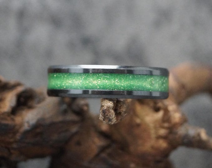 Personalised Black Ceramic Memorial Ring including Ashes or Hair Inlaid with Green Eco-Glitter