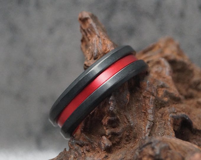 Red Inlay Black Tungsten Wedding Band - 8mm