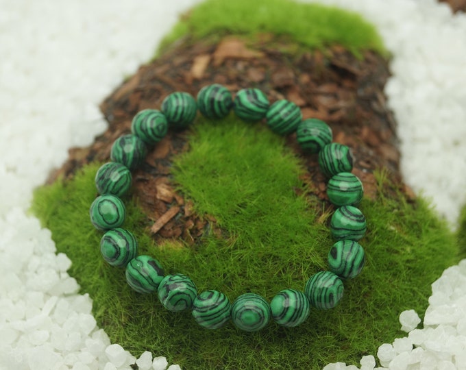 Natural Malachite Faceted Bead Bracelet for Men or Women 8 mm / 0.314961" Beads On Stretch Cord - From 152 mm to 228 mm / 6" to 9" Length