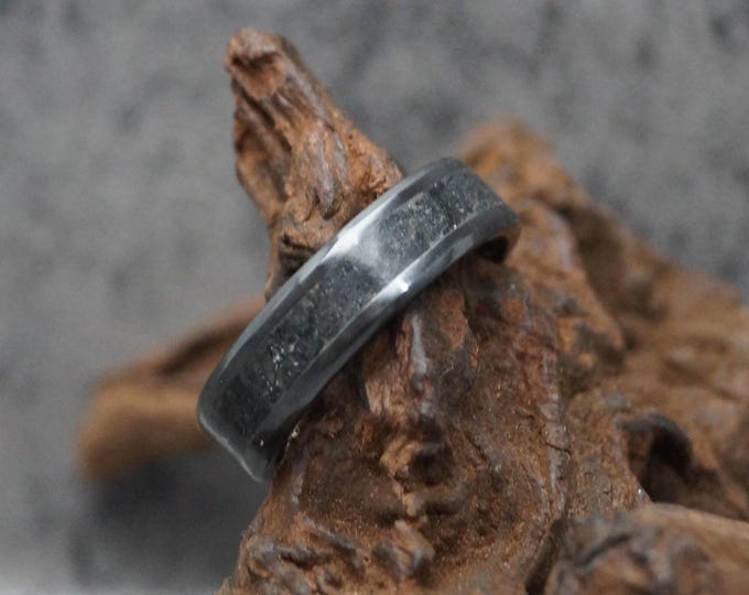 Black Ceramic inlaid with Black Tourmaline Wedding Band 4 mm, 6 mm or 8 mm wide ring - Unique Ring