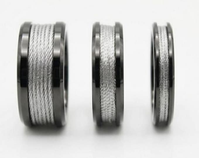 Silver Shiny Thread Inlay Black Ceramic Ring - Available 4mm, 6mm or 8mm wide