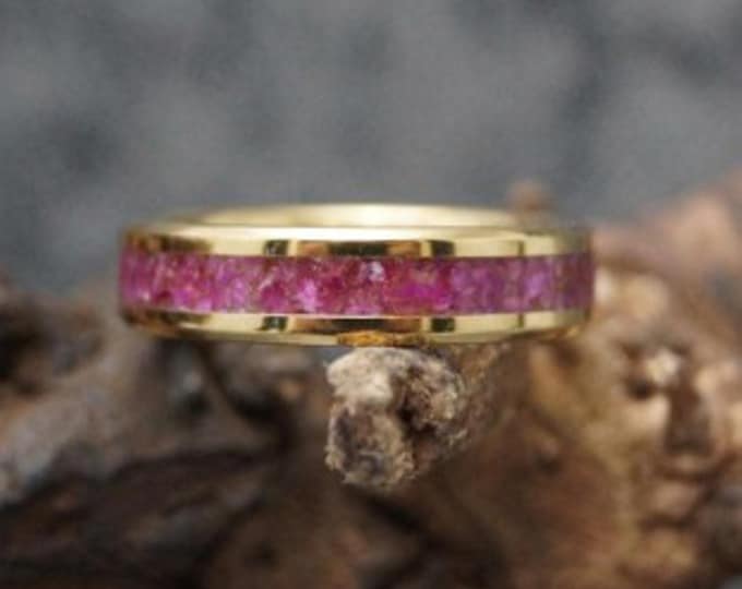 Rose Red Tiger Eye Gold Tungsten Ring - Unique Wedding Band - Available 4, 6, 8mm Wide