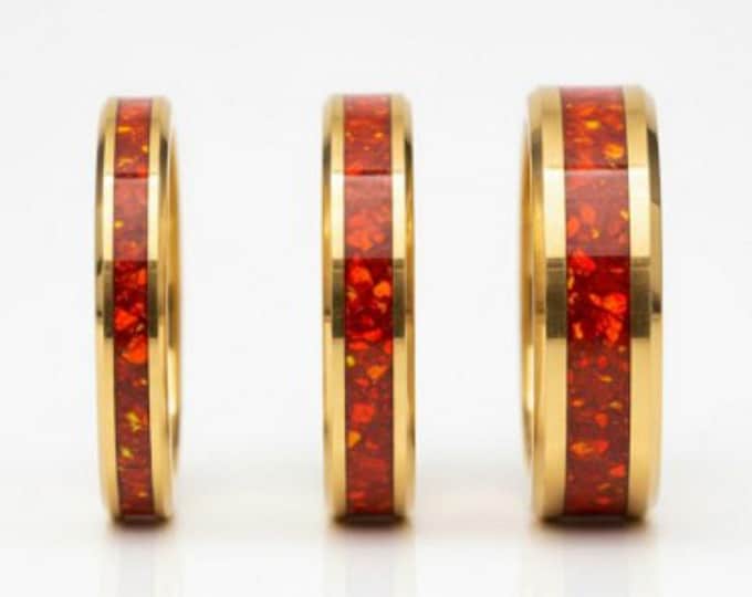 Ruby Red Opal Gold Tungsten Ring - Unique Opal Ring for Men or Women