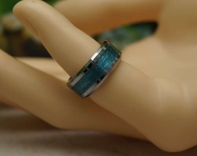 Teal Fishing Line Inlay Tungsten Ring - Available 4 mm, 6 mm or 8 mm Wide Ring