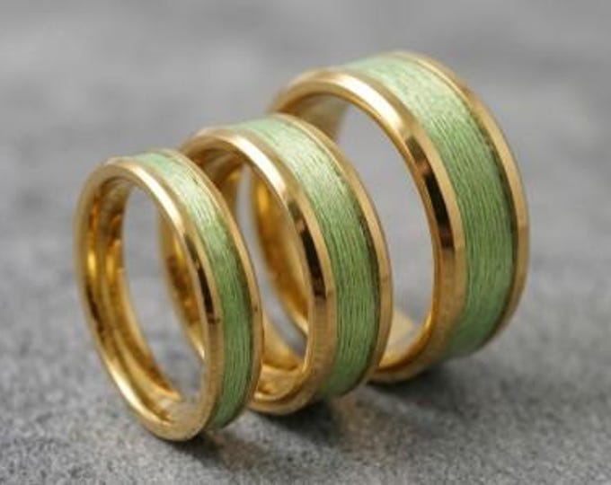 Lime Green Fishing Line Inlay Gold Tungsten Ring - UV Glow Ring - Available 4 mm, 6 mm or 8 mm Wide