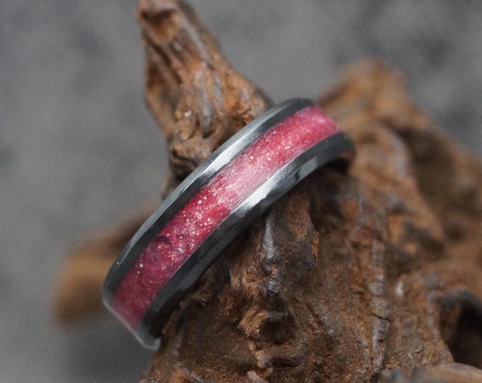 Pet Ashes Ring or Pet Fur Ring with Coral Mineral Glitter Black Ceramic Memorial Ring
