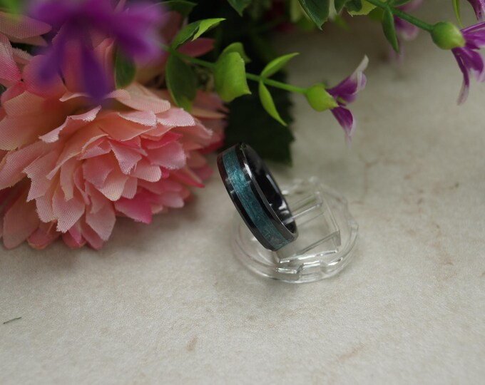 Teal fishing Line Black Ceramic ring inlaid with Genuine Teal fishing Line Wedding Band 4 mm, 6 mm or 8 mm wide ring.