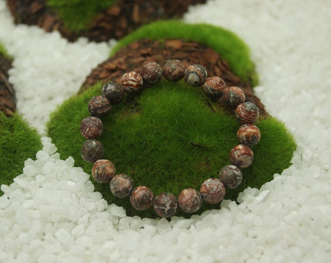 Natural Red Leopardskin Jasper Bead Bracelet for Men or Women 8 mm / 0.314961" Stretch Cord - From 152 mm to 228 mm / 6" to 9" Length