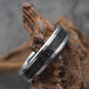 May include: A silver ring with a black central band. The ring is set against a textured, brown wooden background. The ring's design features a dark, speckled inlay.