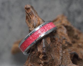 Personalised Tungsten Memorial Ring including Ashes or Hair Inlaid With Coral Mineral Glitter