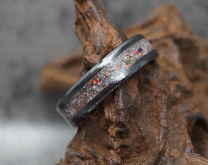 Black Opal & Madagascar White Opal inlaid  Black Ceramic Ring: Natural White Opal Inlay, Unique Band