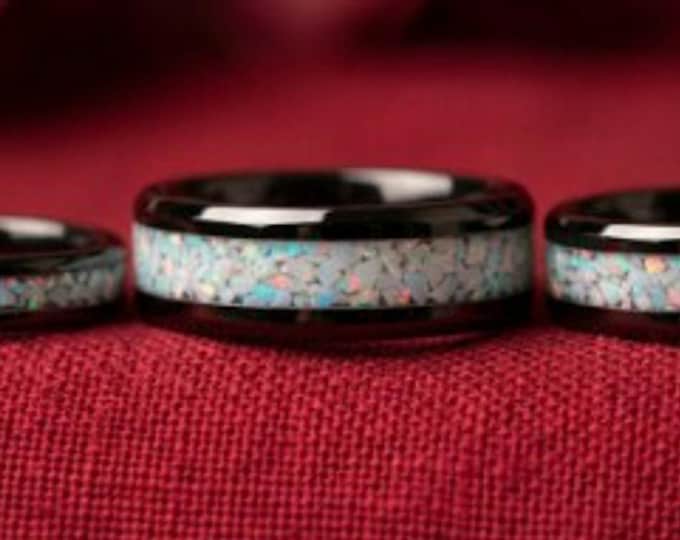 Fire & Snow Opal Black Ceramic Wedding Band: Unique Ring