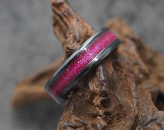 Pet Ashes Ring or Pet Fur Ring with Magenta Eco-Glitter Black Ceramic Memorial Ring