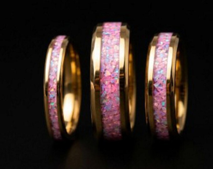 Rose Pink Opal Gold Tungsten Ring - Unique Wedding Band or Gift Idea