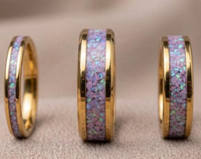 Multi-Lavinder Opal Gold Tungsten Ring - Unique Opal Band for Men or Women