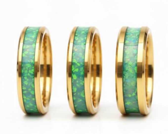 Light Green Opal Gold Tungsten Ring - Unique Wedding Band or Great Gift Idea