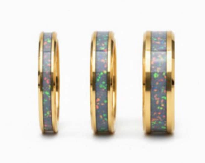 Royal Blue Grey Opal Gold Tungsten Ring Unique Opal Ring for Men or Women