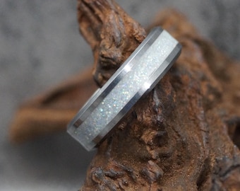 Personalised Tungsten Memorial Ring including Ashes or Hair Inlaid With Aurora Eco-Glitter.