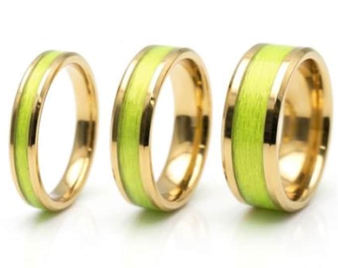 Yellow Fishing Line Inlay Gold Tungsten Ring - UV Glow Ring - Available 4mm, 6mm or 8mm wide