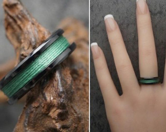 Green fishing Line Black Ceramic ring inlaid with Genuine fishing Line - 4 mm, 6 mm or 8 mm wide ring.