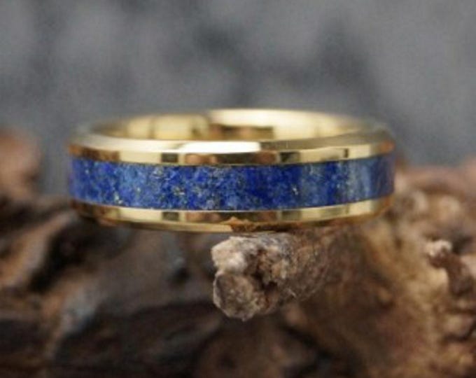 Blue Lapis Lazuli Inlay Gold Tungsten Carbide Ring (4mm, 6mm or 8mm wide)