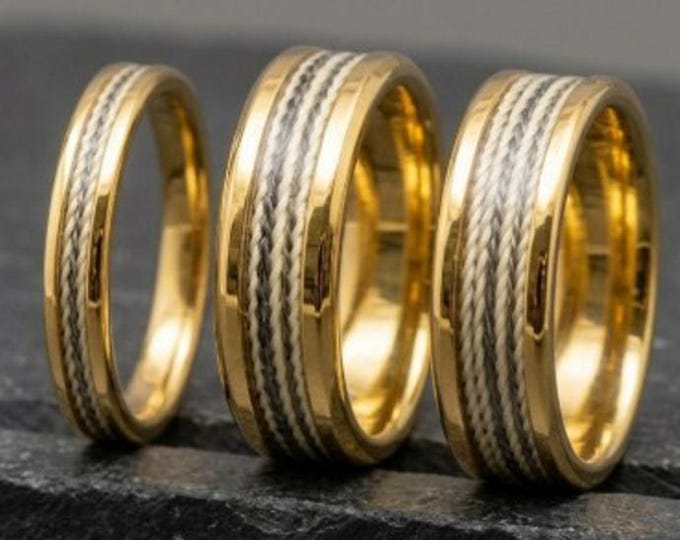Kevlar Yellow & Black Braided Line Inlaid Gold Tungsten Ring, Genuine Kevlar Line - Rings available 4 mm, 6 mm or 8 mm wide ring.