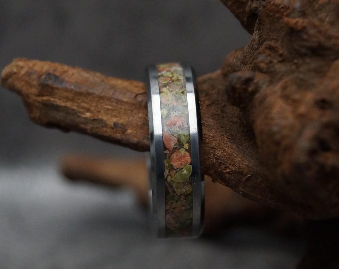 Unakite Tungsten Wedding Band: Natural Stone Inlay Ring