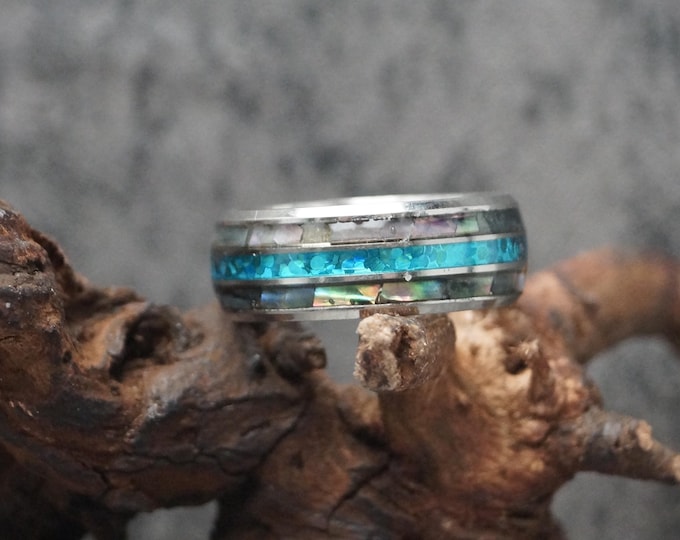 Abalone Blue Opal Tungsten Ring: Unique Wedding Band, 8mm