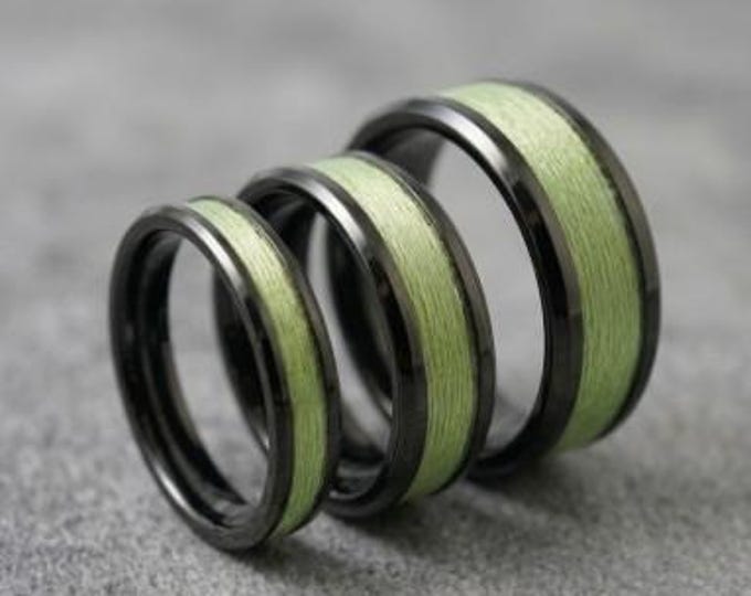 Lime Green fishing Line Black Ceramic ring inlaid with Genuine fishing Line - UV Glow Ring 4 mm, 6 mm or 8 mm wide ring.