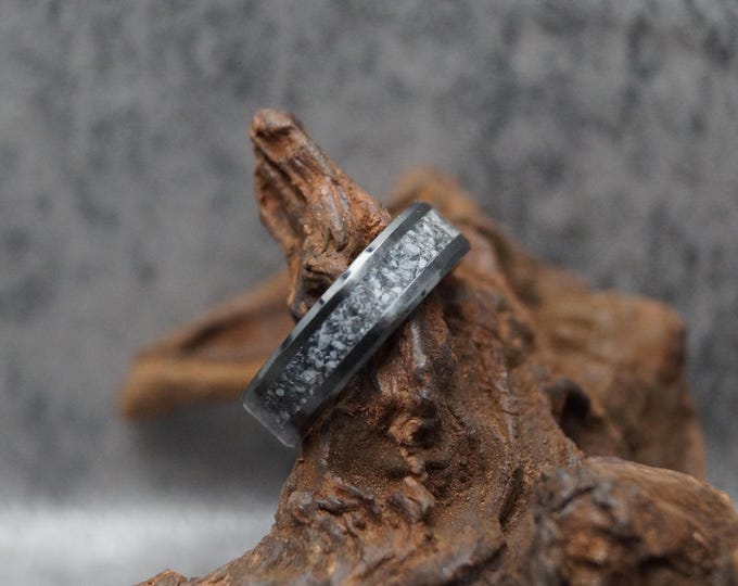 Black Ceramic ring inlaid with Natural Snowflake Obsidian Wedding Band 4 mm, 6 mm or 8 mm wide ring - Unique Ring