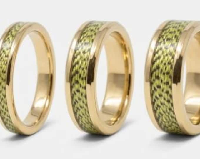Green Spider-Line Fishing Line Inlay Gold Tungsten Ring - UV Glow Ring, 4mm, 6mm or 8mm wide band.
