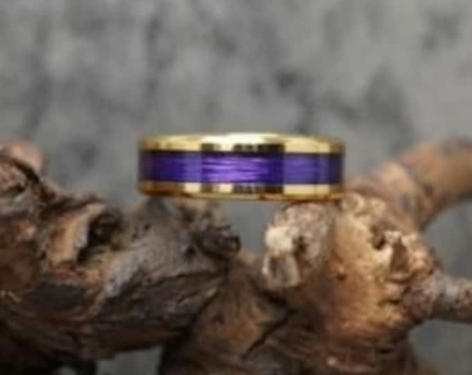 Purple Fishing Line Gold Tungsten Ring - Available 4mm, 6mm or 8mm wide ring