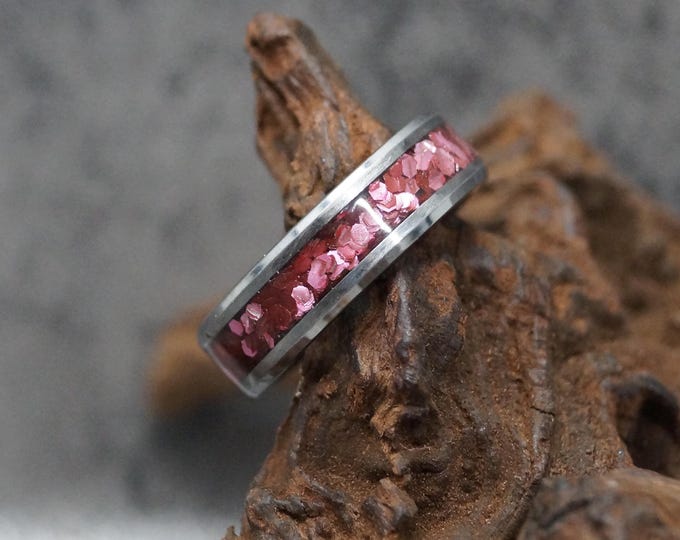Pet Fur Ring Pet Ashes Ring with Plum Eco-Glitter Tungsten Band available 4 mm, 6 mm or 8 mm wide ring.