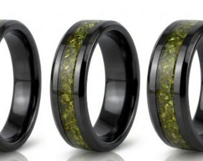 Peridot CZ Stones Inlaid Black Ceramic Ring - Available 4mm, 6mm or 8mm wide