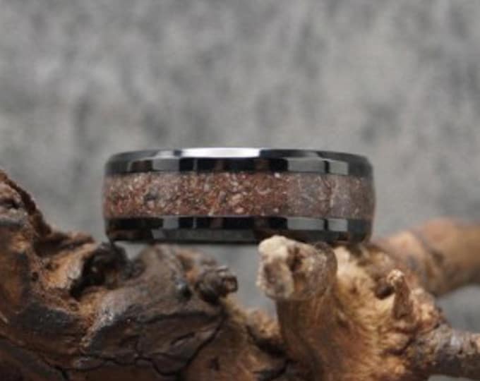 Rhodonite Inlay Black Ceramic Ring Wedding Band - 4mm, 6mm or 8mm wide