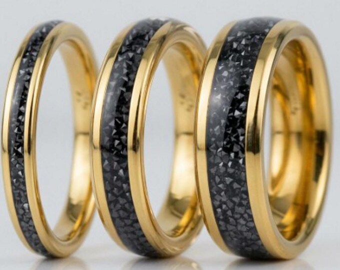 Black CZ Stones Inlaid Gold Tungsten Carbide Ring - Available 4mm, 6mm or 8mm wide