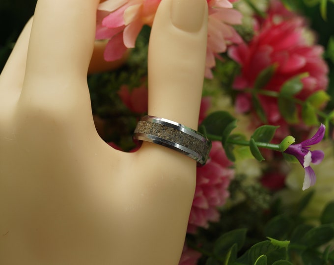 Natural Fine beach Sand with a hint of Mica sparkle Inlay Tungsten Wedding Band 4 mm, 6 mm or  8 mm Wide Rings - Unique Ring