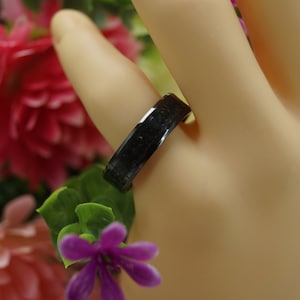 Black Tourmaline Inlaid Ceramic Wedding Band - Healing Stone Ring