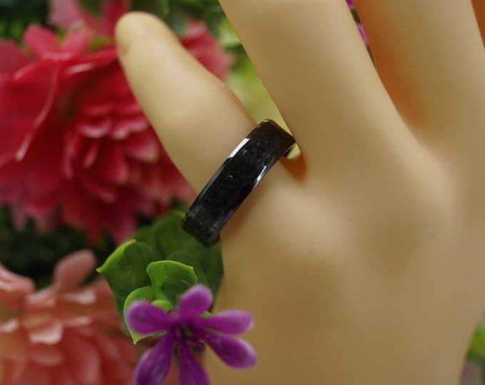 Black Ceramic inlaid with Black Tourmaline Wedding Band 4 mm, 6 mm or 8 mm wide ring - Unique Ring