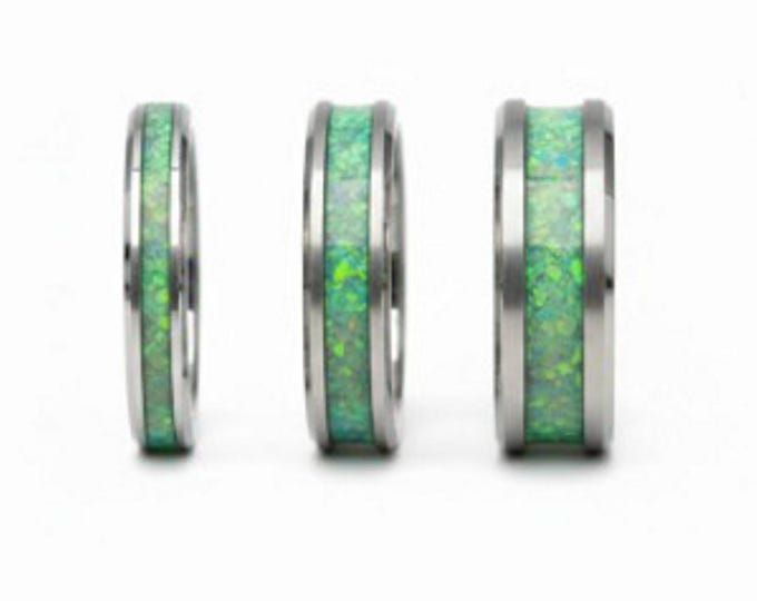 Light Green Opal Tungsten Ring - Unique Wedding Band