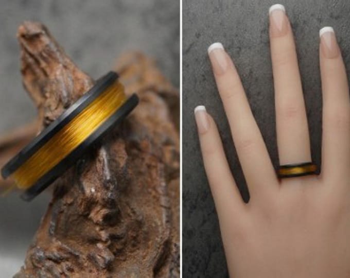 Yellow Gold fishing Line Black Ceramic ring inlaid with Genuine fishing Line - 4 mm, 6 mm or 8 mm wide ring.