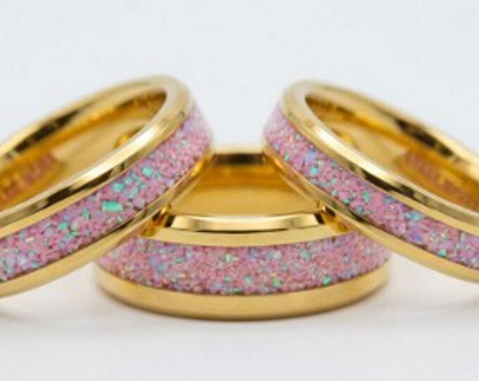 Bubble Gum Opal Gold Tungsten Ring - Unique Wedding Band or Great Gift Idea