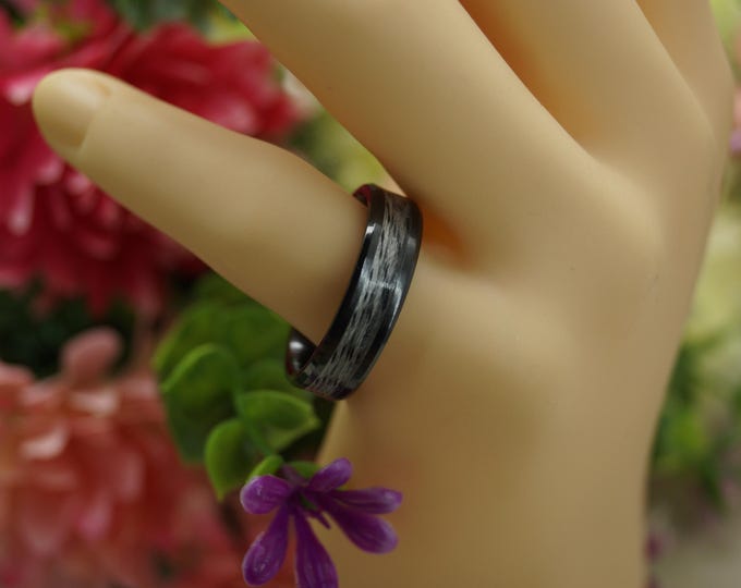 Black Ceramic ring inlaid with Genuine Silver Black Spider Line Fishing Line Wedding Band 4 mm, 6 mm or 8 mm wide ring - Unique Ring