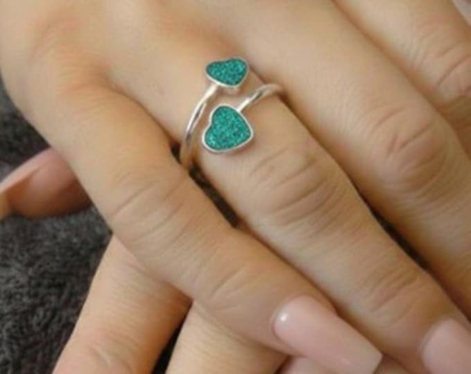 Personalised Sterling Silver Double Heart Ring including Ashes or Hair Inlaid With Blue-Green Eco-Glitter
