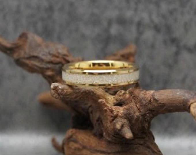 Natural Barbados beach Sand Inlay Gold Tungsten Wedding Band 4 mm, 6 mm or  8 mm Wide Rings - Option to send your own sand.