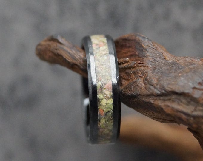 Unakite Black Ceramic Wedding Band - 4 mm, 6 mm or 8 mm wide rings - Unique Ring