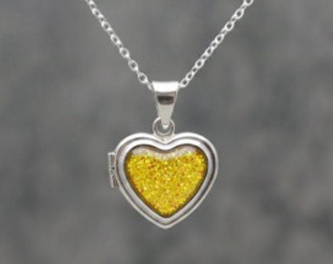 Personalised Memorial Sterling Silver Heart Locket with Yellow Gold Eco-Glitter Ashes Inlay (18" Chain)